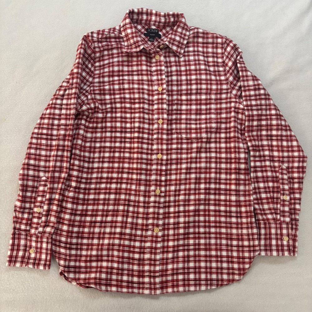 J. Crew Shirt Size 2 Classic Fit Red White Plaid Flannel Button Down Shirt